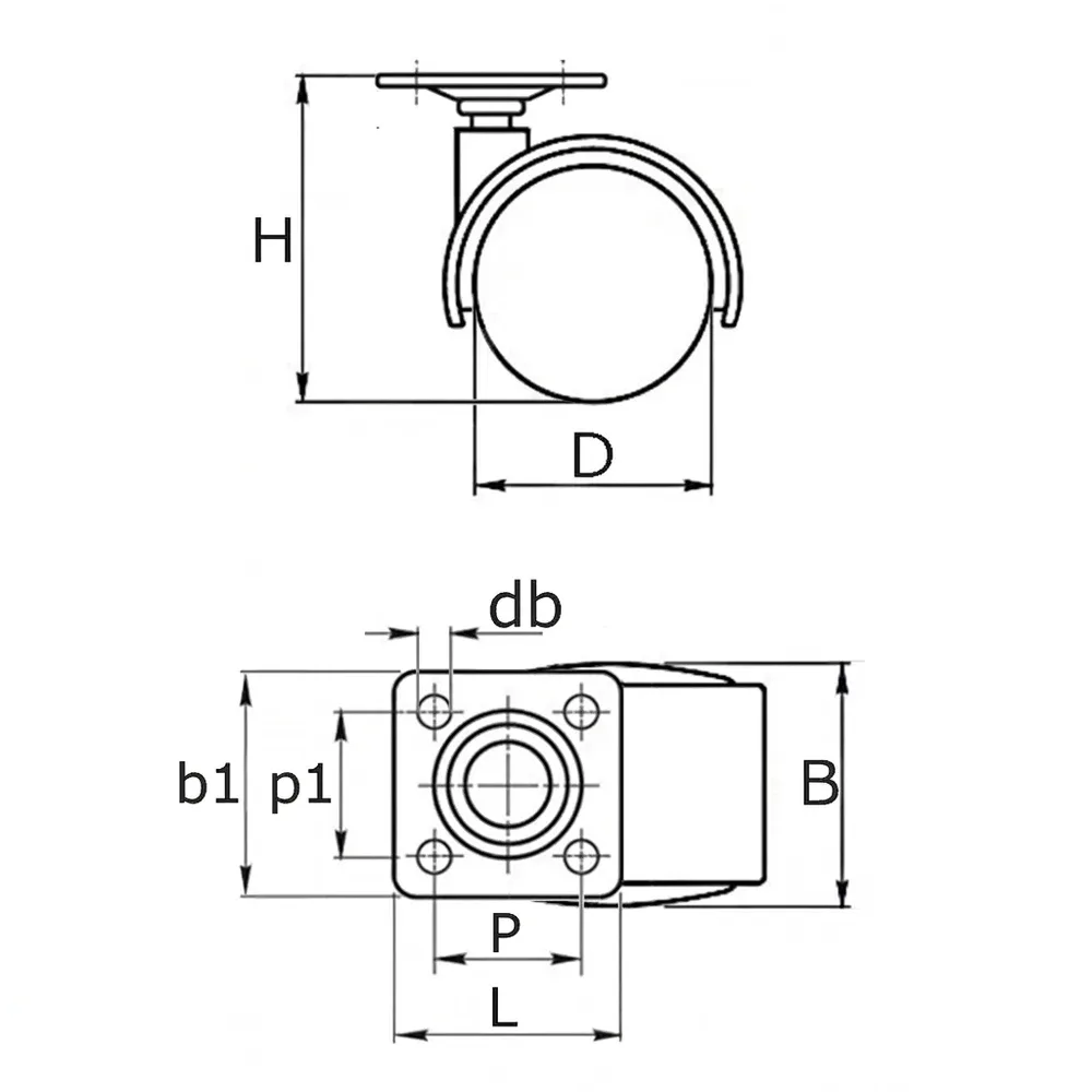 Dibujo técnico: Rueda doble de mueble PU - Ø42