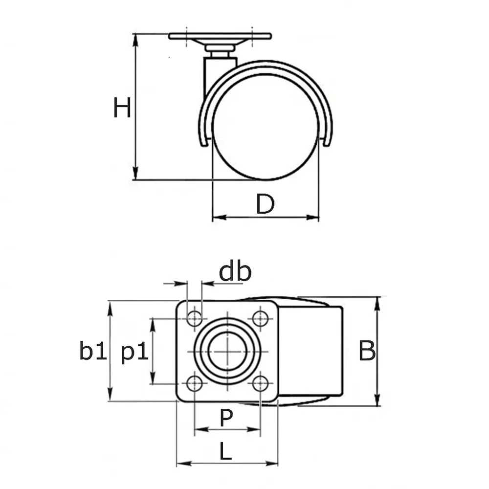 Plano de dimensiones Rueda doble de mueble PU - Ø42