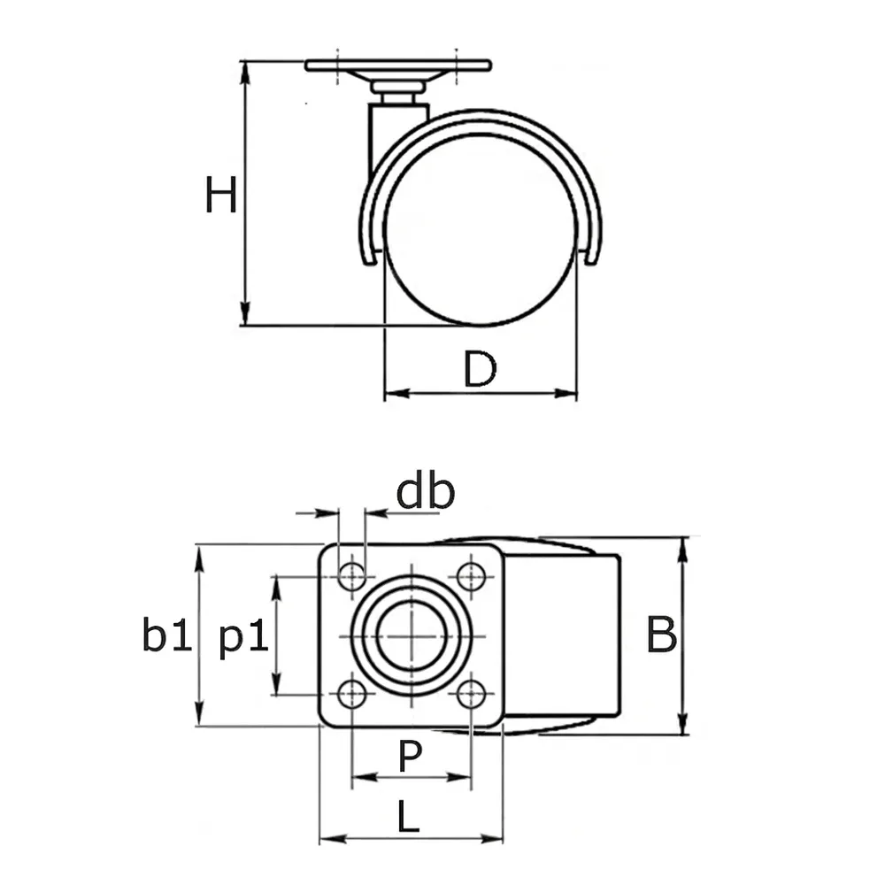 Dibujo técnico: Rueda doble de mueble PU - Ø75