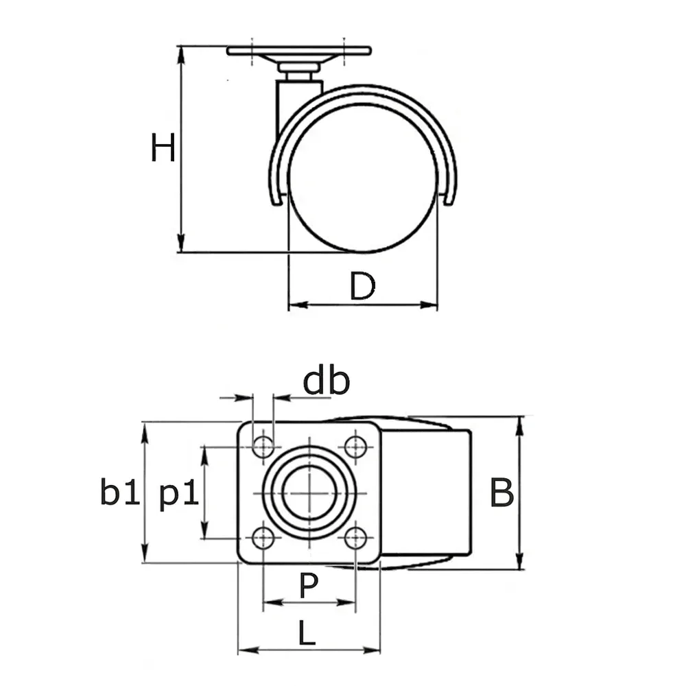 Dibujo técnico: Rueda doble de mueble PU - Ø36