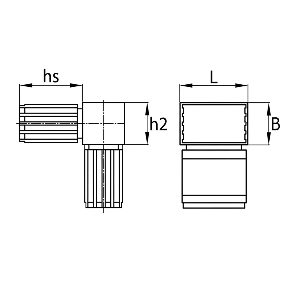 Plano de dimensiones Conector para tubos, diseño de dos piezas 2D2 – tubo esquina rectangular
