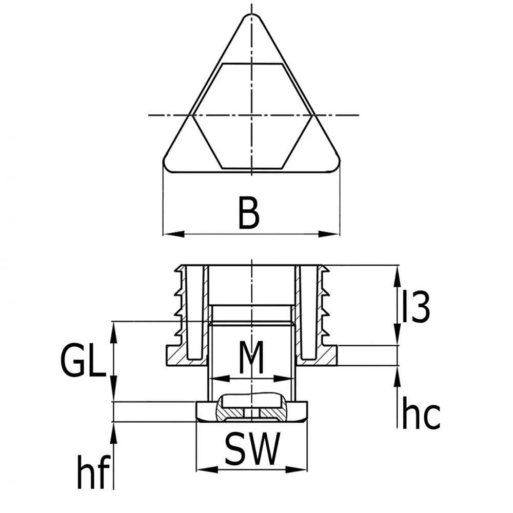 Plano de dimensiones Insertos roscados ajustables – triangulares