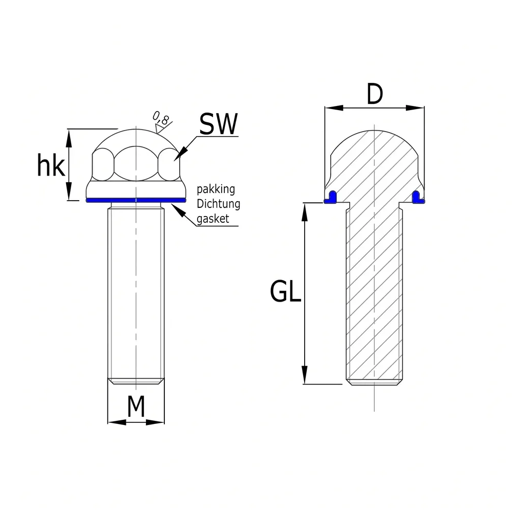 Dibujo técnico: Tornillo hexagonal de acero inoxidable - cabezal redondo - 3A