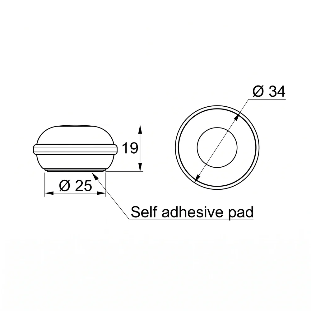 Plano acotado Tope de puerta adhesivo abombado bajo PU Ø34x19mm - Marrón