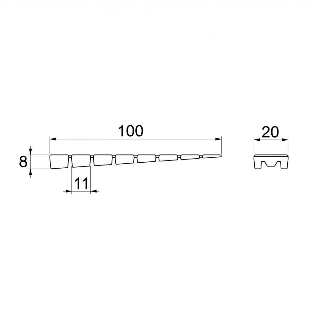 Plano acotado Cuña de muebles ABS 100x20mm - seccionable - H=1-8mm - Marrón