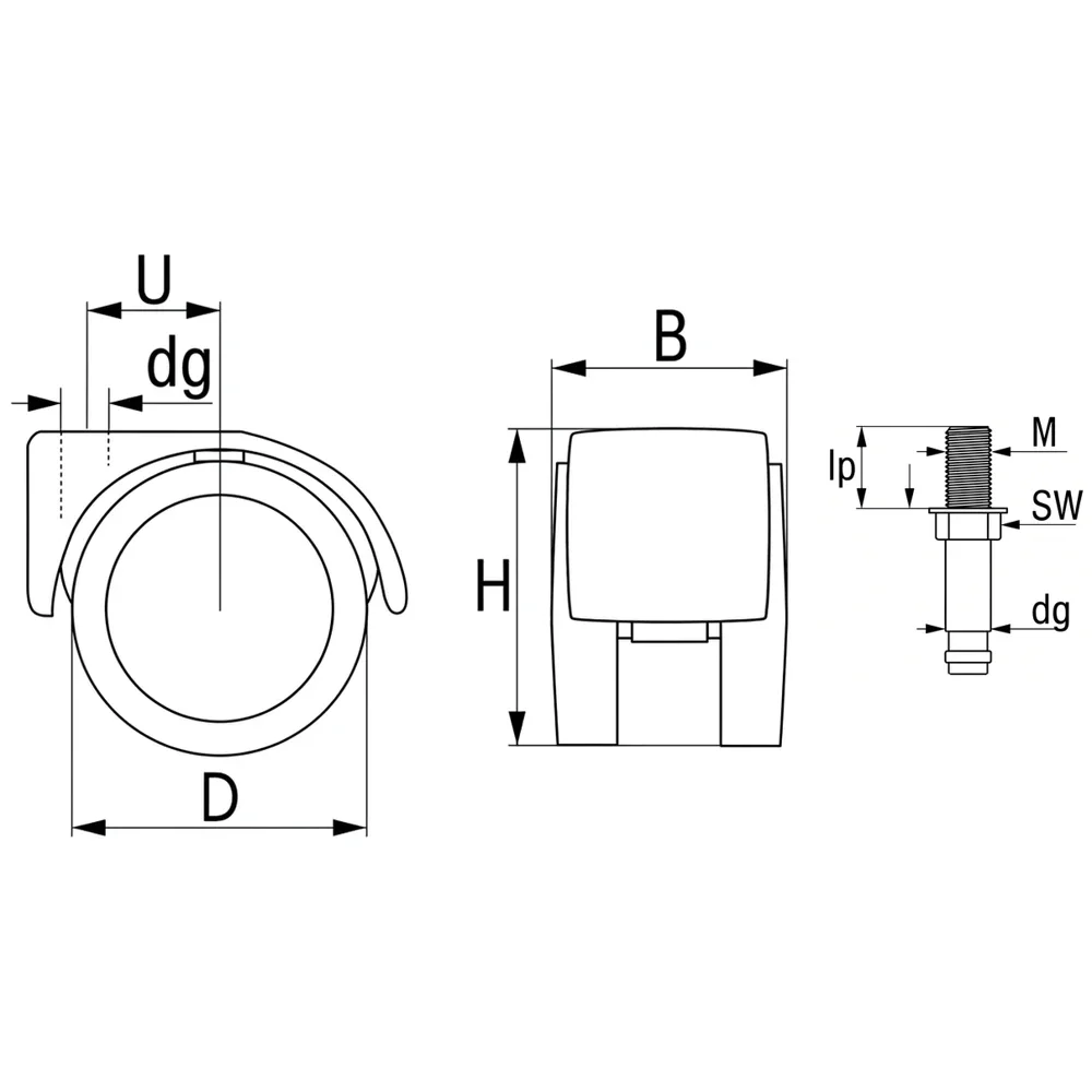 Plano acotado Rueda doble de mueble giratoria PA Ø50 - banda de rodadura PU / TPU - Cojinete de deslizamiento - Espiga roscada M6x10mm