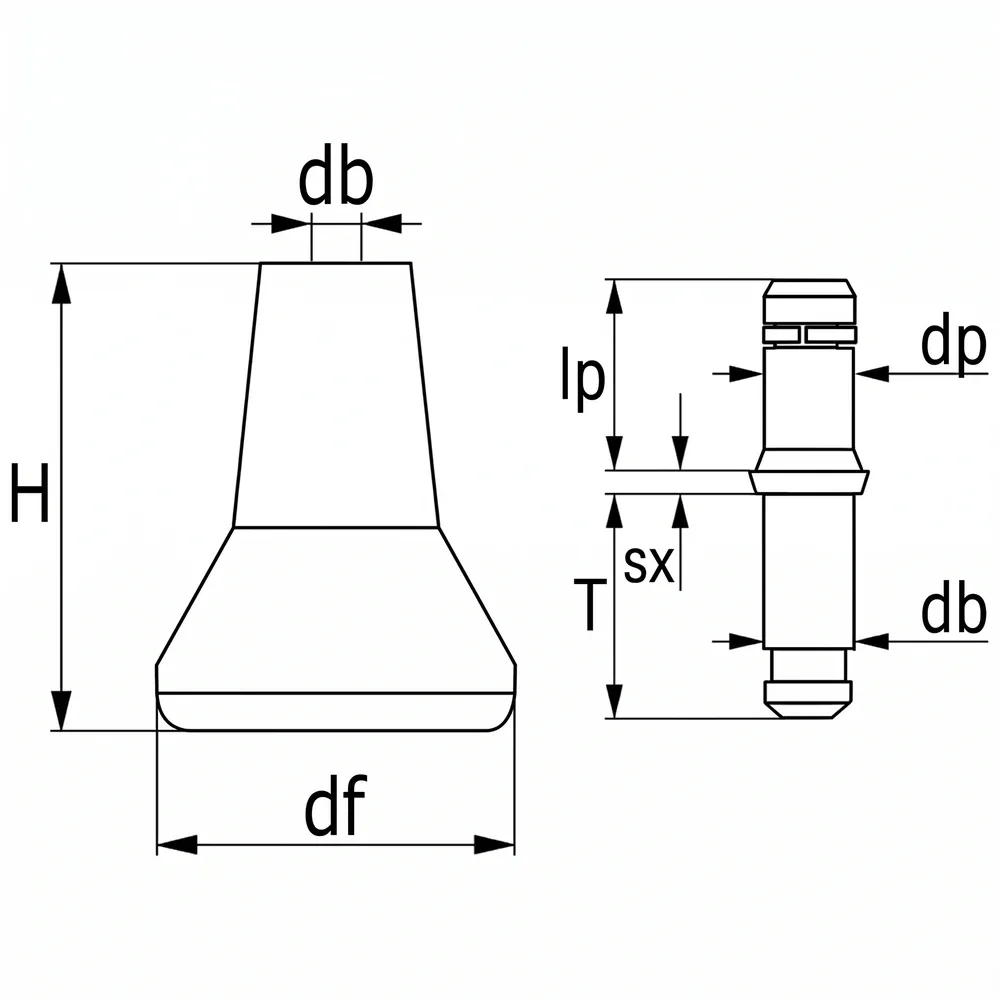 Dibujo técnico: Deslizadores para sillas de oficina - forma acampanada
