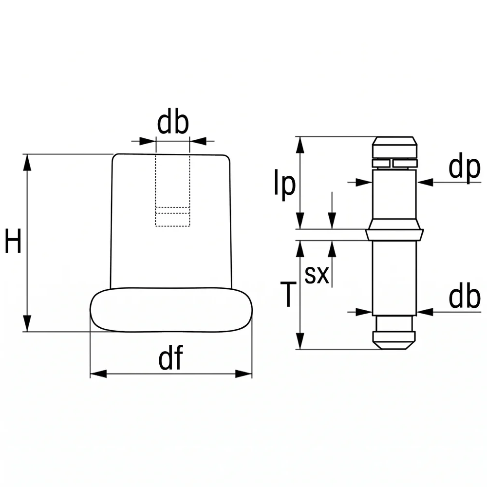 Plano acotado Tapón deslizante cilíndrico para silla de oficina 50x53mm - Espiga lisa con anillo de retención Ø11x20mm - Negro