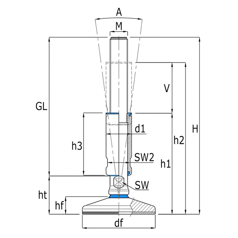 Dibujo técnico: Pie nivelador de acero inoxidable macizo con goma vulcanizada - Higiene 3A