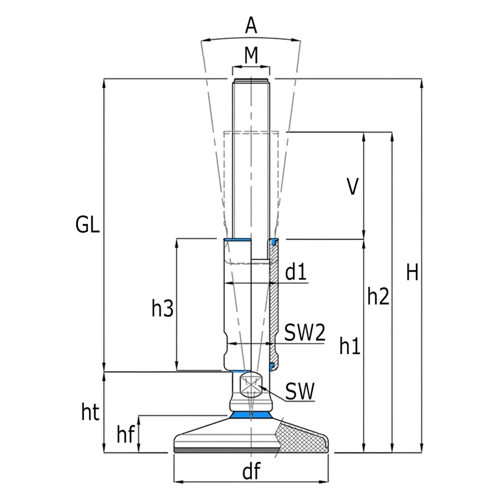 Dibujo técnico: Pie nivelador de acero inoxidable con goma vulcanizada – Higiene 3A