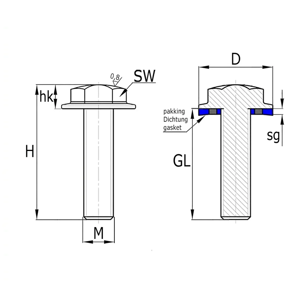 Plano de dimensiones Tornillo de brida hexagonal de acero inoxidable - cabezal redondo - 3A