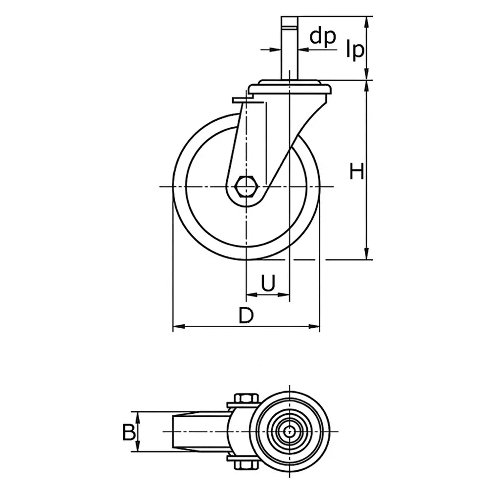 Dibujo técnico: Rueda giratoria para mueble - pasador - transparente