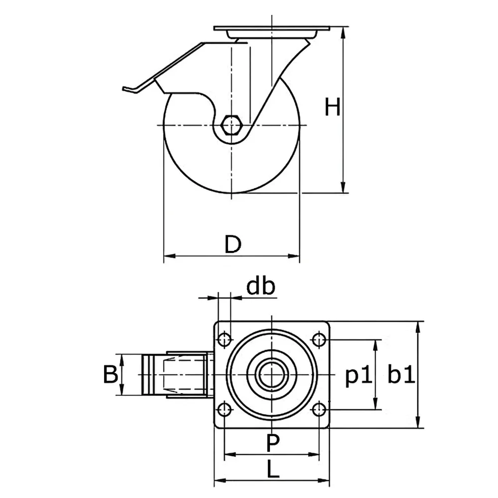 Plano acotado Rueda giratoria para muebles TPE Ø75mm - banda de rodadura Caucho / TPE - Rodamiento de bolas - Fijación de placa 71x59mm - Antracita