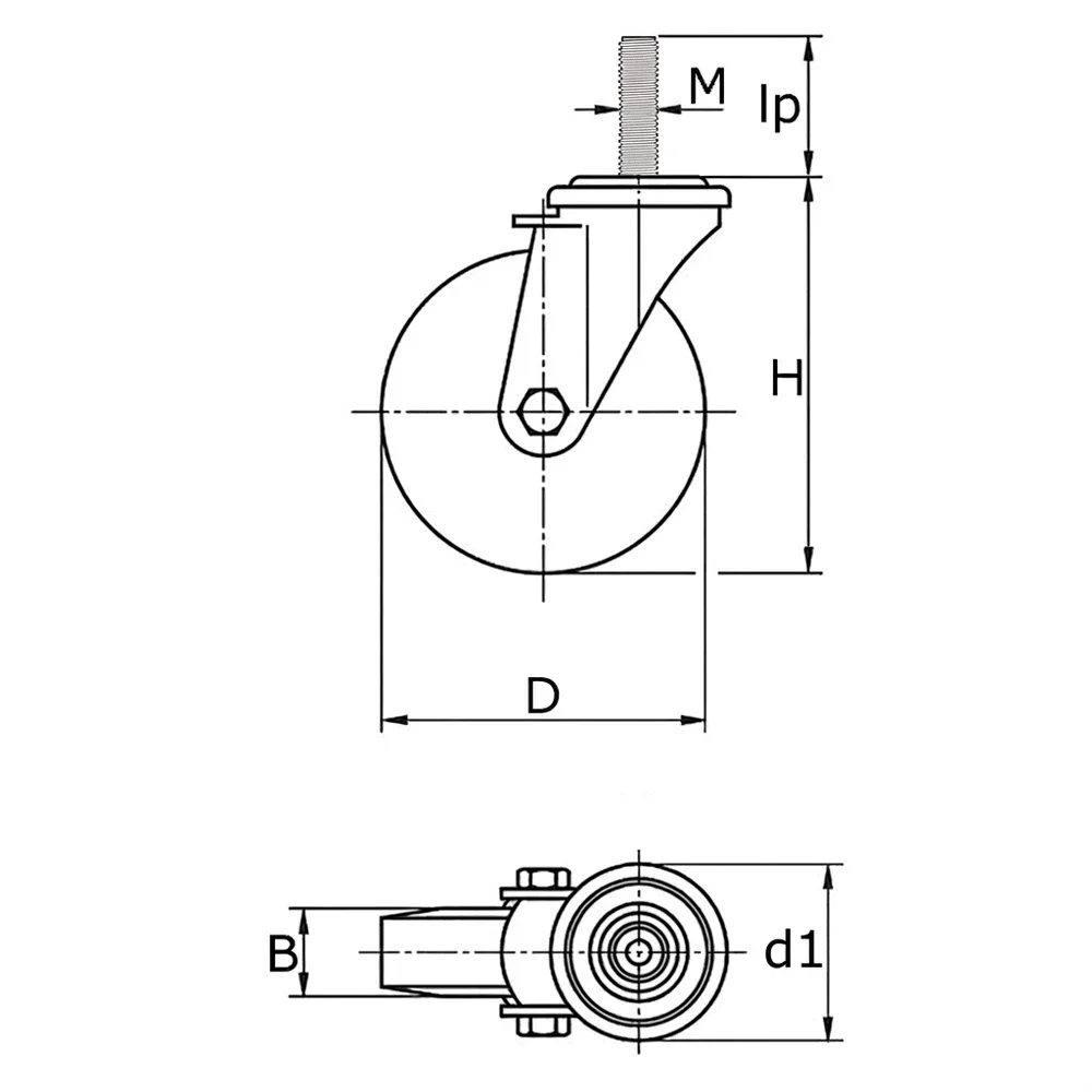 Dibujo técnico: Rueda giratoria - Espiga roscada - Diseño 3C