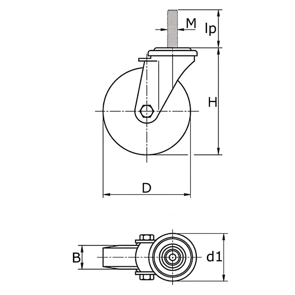 Plano acotado Rueda giratoria para mueble TPE Ø75mm - banda de rodadura Caucho / TPE - Rodamiento de bolas - Espiga roscada M10x16mm - Negro