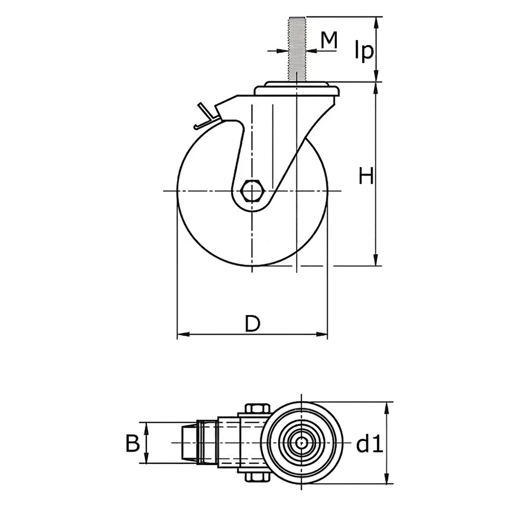Plano acotado Rueda de mueble giratoria con freno TPE Ø75mm - banda de rodadura Caucho / TPE - Rodamiento de bolas - Espiga roscada M10x16mm - Negro