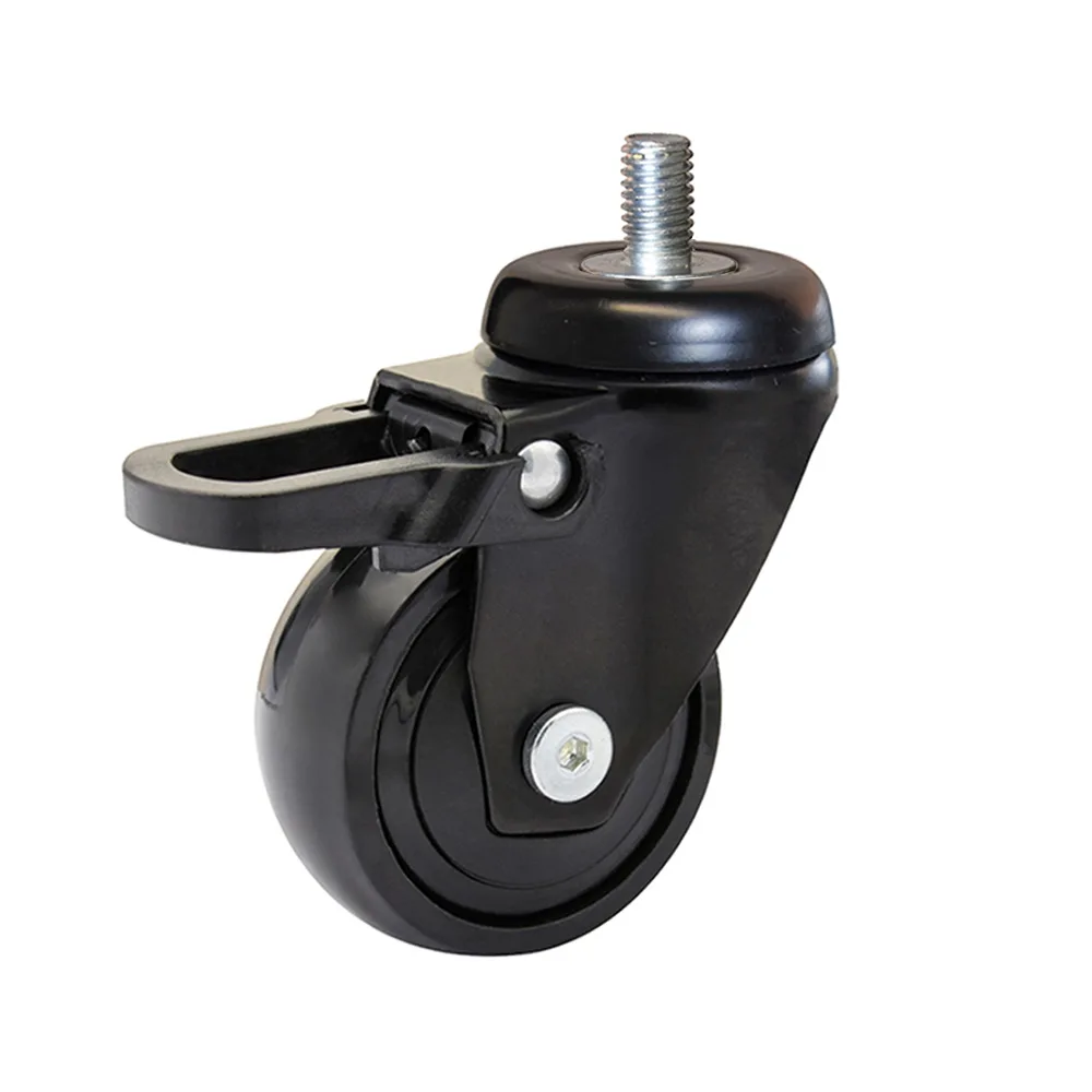 Rueda de mueble giratoria con freno TPE Ø75mm - banda de rodadura Caucho / TPE - Rodamiento de bolas - Espiga roscada M10x16mm - Negro