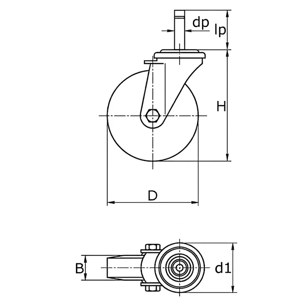 Dibujo técnico: Rueda giratoria con pasador - Diseño 3C