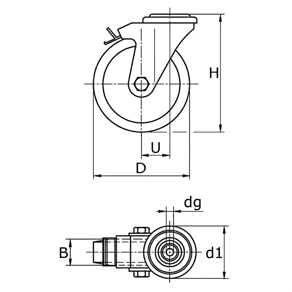 Plano de dimensiones Rueda giratoria con freno - Agujero central - Diseño 3C