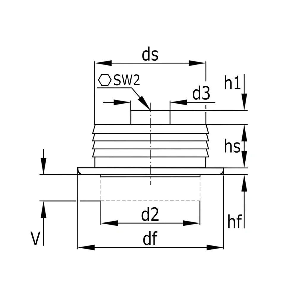 Dibujo técnico: Pata de mueble ajustable - empotrable - regulación superior