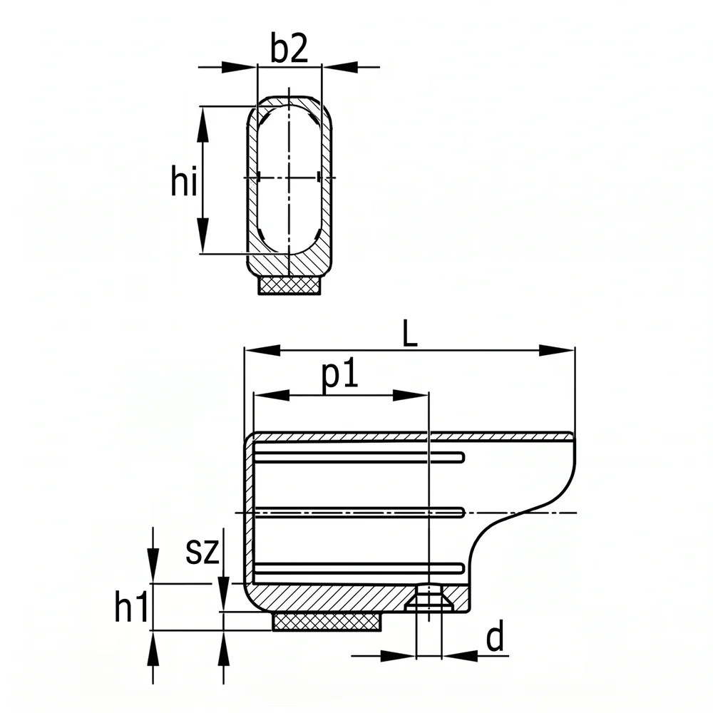 Plano de dimensiones Contera exterior envolvente con base deslizadora de PE para tubo ovalado plano