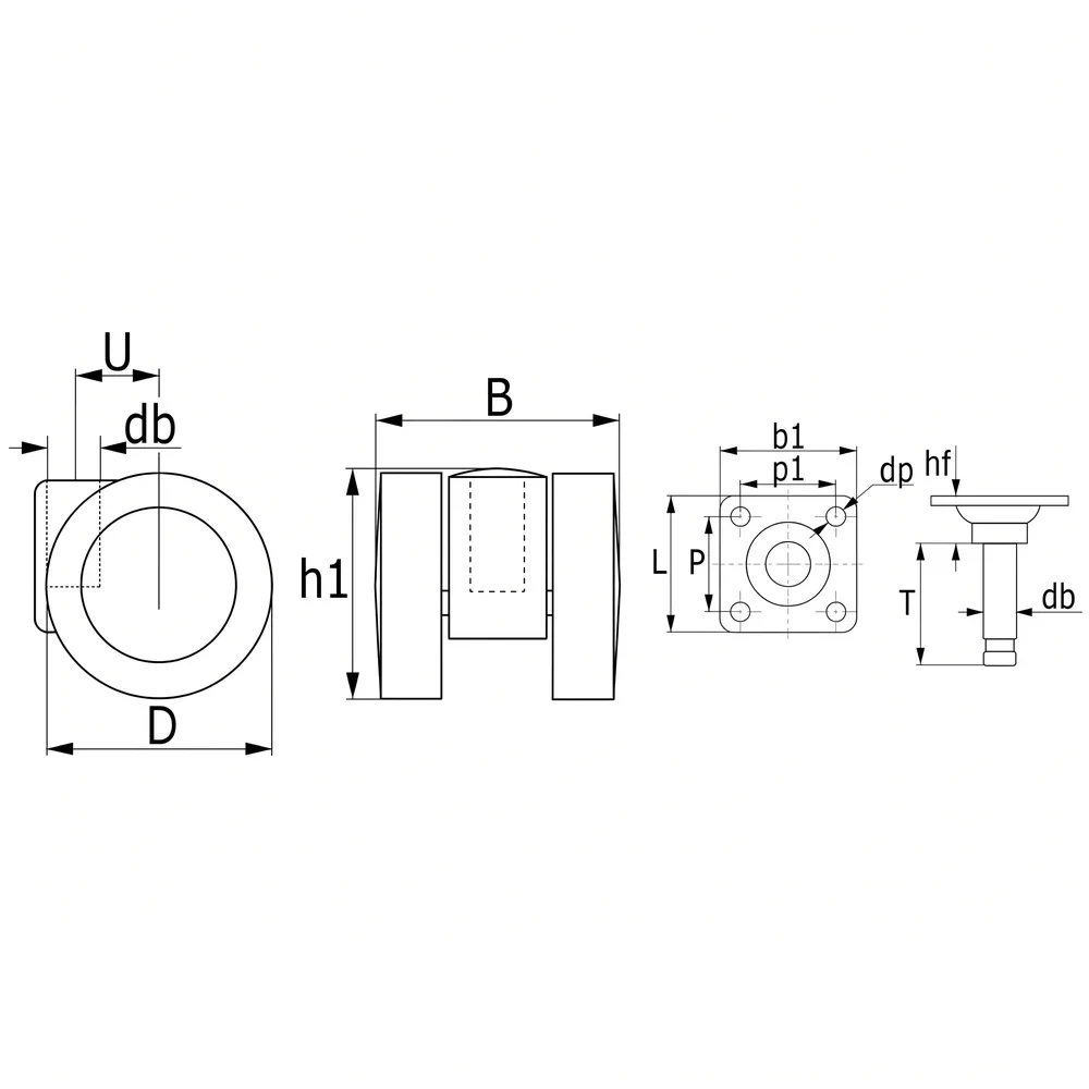 Plano de dimensiones 2 Rueda doble de mueble PU - Ø36 - gris y negro