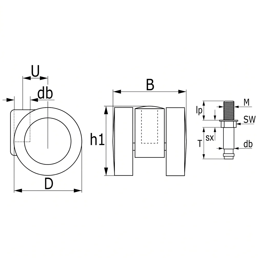 Plano acotado Rueda doble de mueble giratoria PA Ø36mm - banda de rodadura PU / TPU - Cojinete de deslizamiento - Espiga roscada M10x18mm