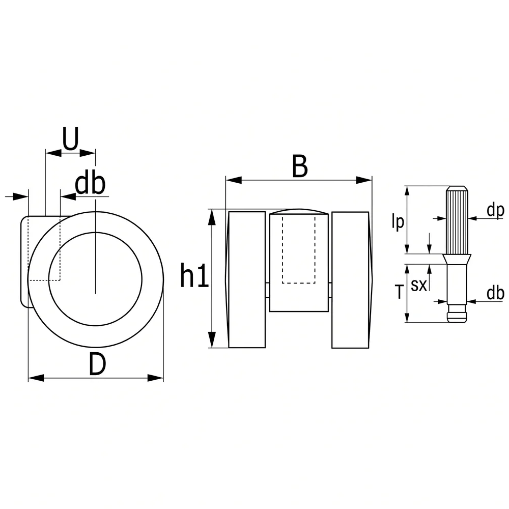Plano de dimensiones 2 Rueda doble de mueble PU - Ø36 - gris y negro