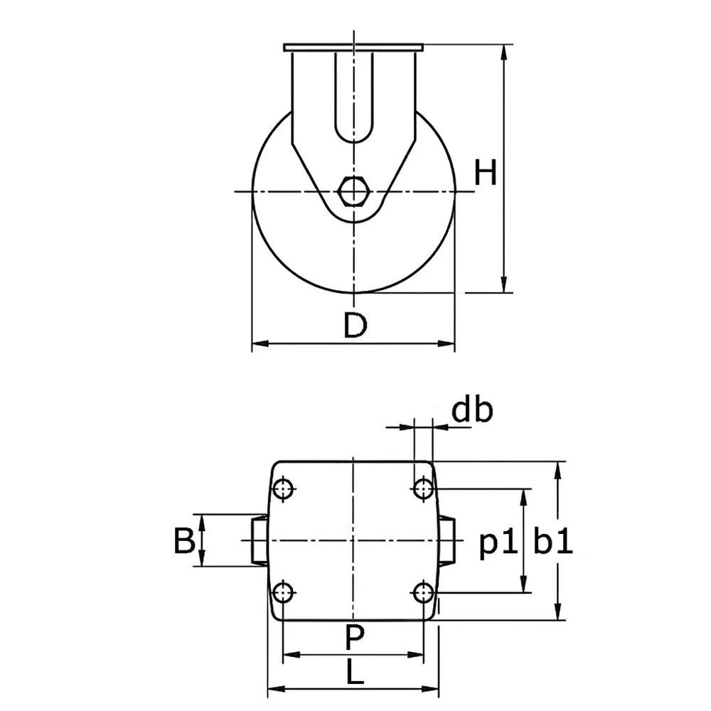 Dibujo técnico: 2 Rueda mini de carga pesada fija con platina
