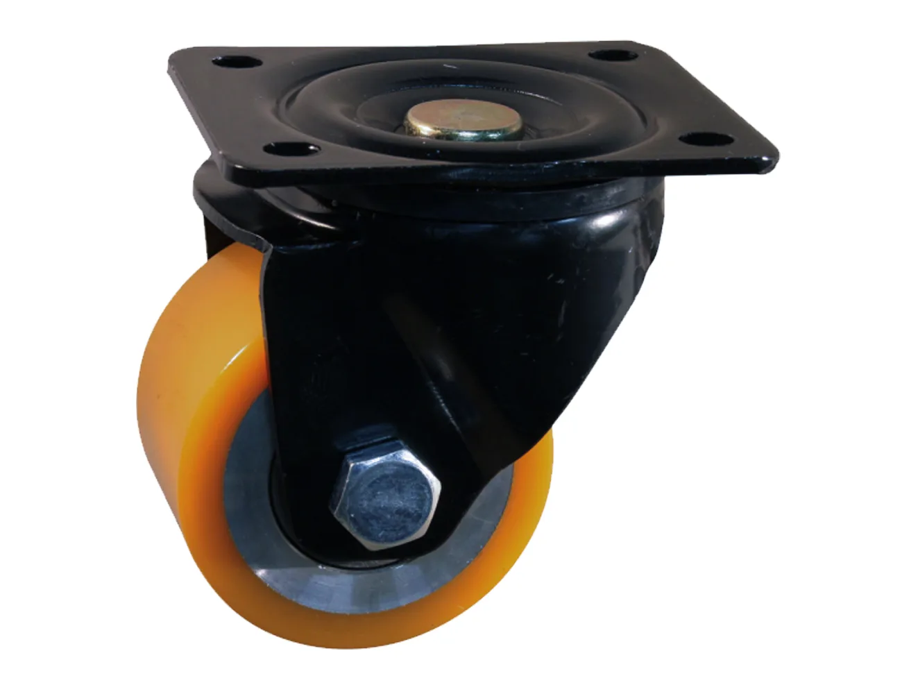 Rueda mini de carga pesada giratoria con platina – Rueda mini de carga pesada naranja PU - 450kg - horquilla negra