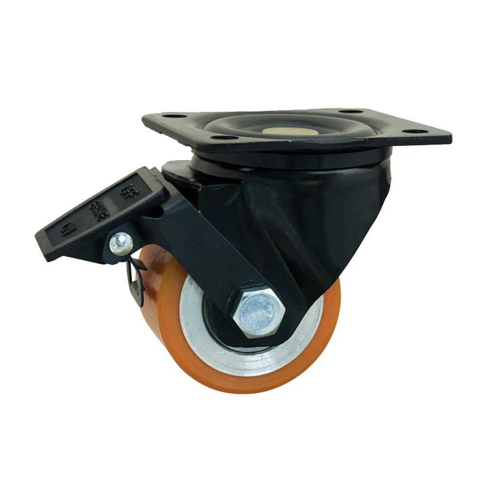Rueda de aparato giratoria mini con freno Ø65 - banda de rodadura PU / TPU - carga pesada - Rodamiento de bolas - Fijación de placa 105x85mm - St - Acero
