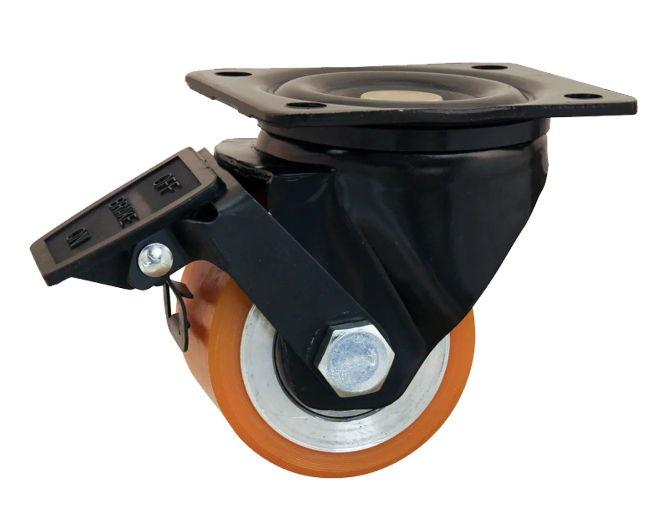 Rueda mini de carga pesada giratoria con freno y platina – Rueda mini de carga pesada naranja PU - 450kg - horquilla negra