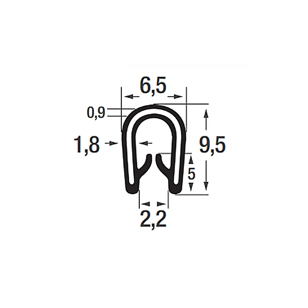 Perfil de protección de bordes PVC 10x6.5mm - rango de sujeción 1.0-2.0mm - 100 metros - Negro