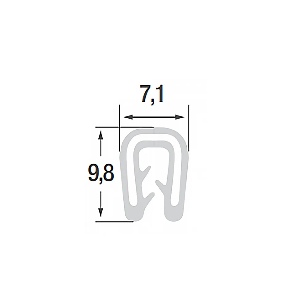 Perfil de borde de sujeción 9,8x7,1mm - Silicona con núcleo metálico - rango de sujeción 1-2mm