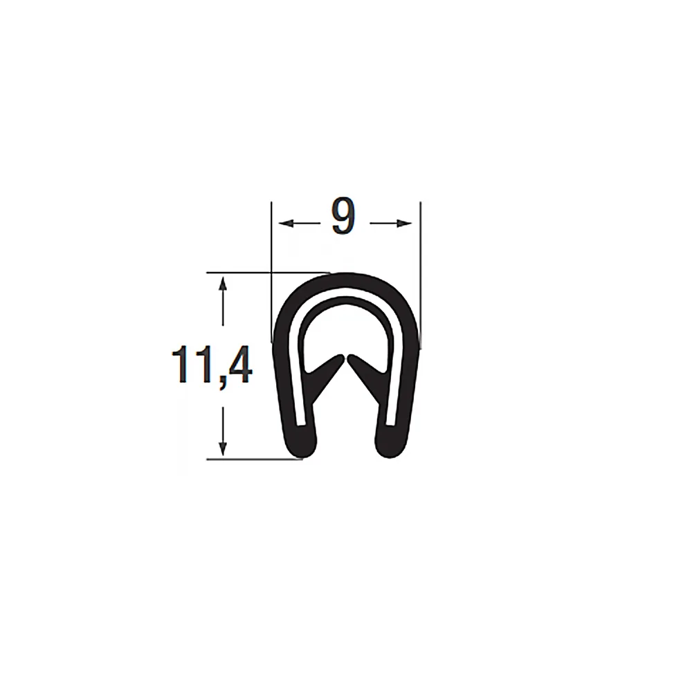 Perfil de protección de bordes 11,4x9mm - PVC con alma de acero - rango de sujeción 2-4mm