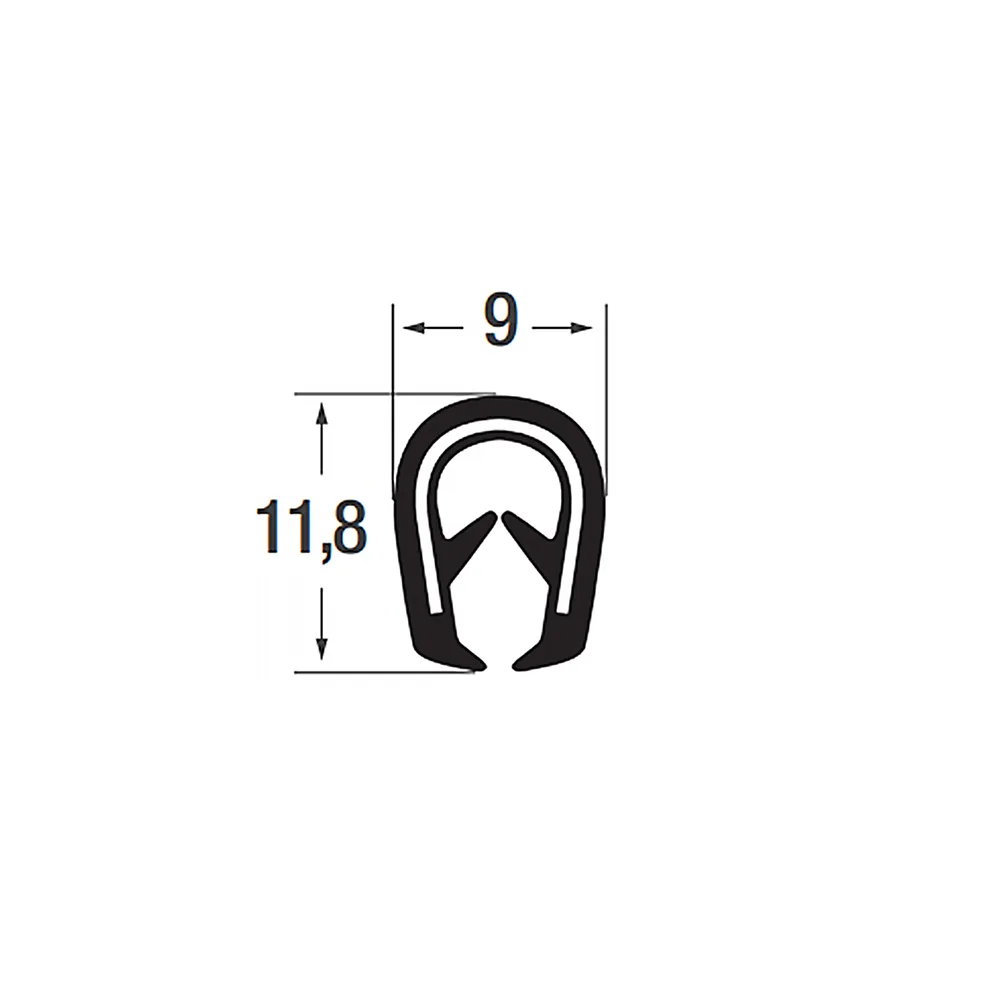 Perfil de protección de bordes PVC 11.8x9mm - rango de sujeción 1.0-3.0mm - 100 metros - Negro