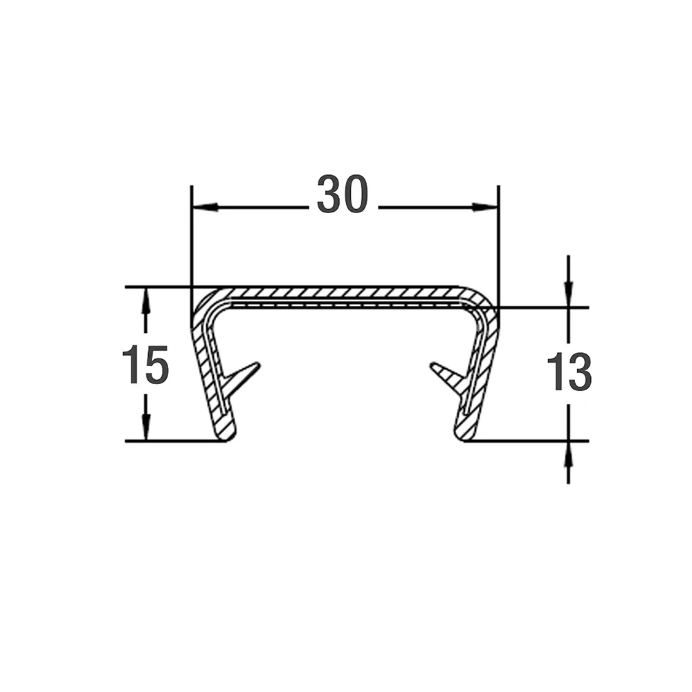 Perfil de borde de sujeción PVC 15x30mm - rango de sujeción 20.0-23.0mm - 25 metros - Negro