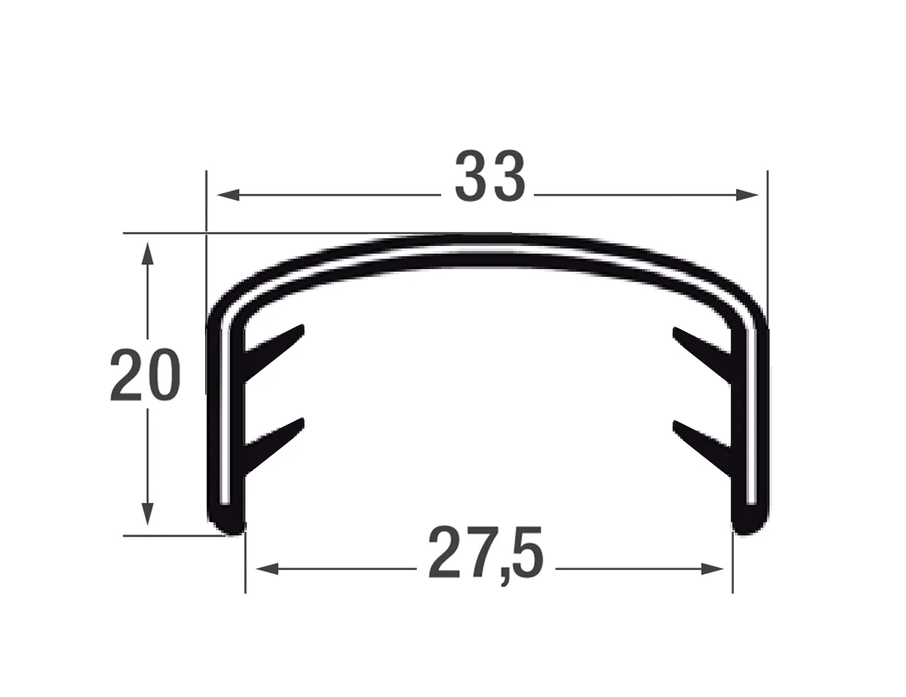 Perfil de borde de sujeción 20x33mm - PVC con inserto de acero - rango de sujeción 24-27mm – Perfiles de protección de bordes - autofijante