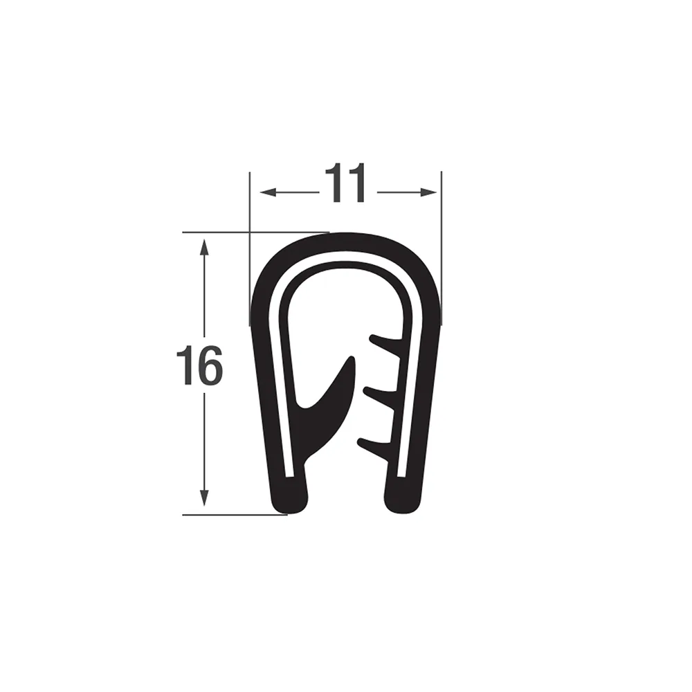 Perfil de protección de bordes PVC-P 16x11mm - rango de sujeción 4.0-6.0mm - 1 metro - Negro