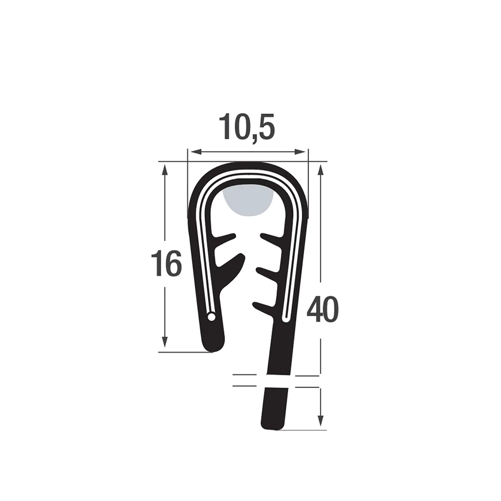 Perfil de protección de bordes autoadherente 16/40x10,5mm - PVC con inserto de acero y sellador de butilo - rango de sujeción 3-5mm