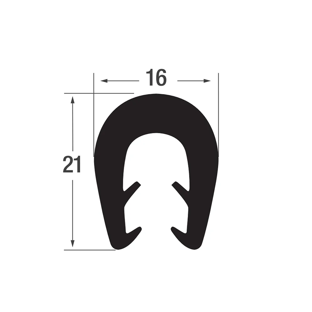 Perfil de borde de sujeción TPE 21x16mm - rango de sujeción 5.0-8.0mm - 100 metros - 90 Shore A - Negro