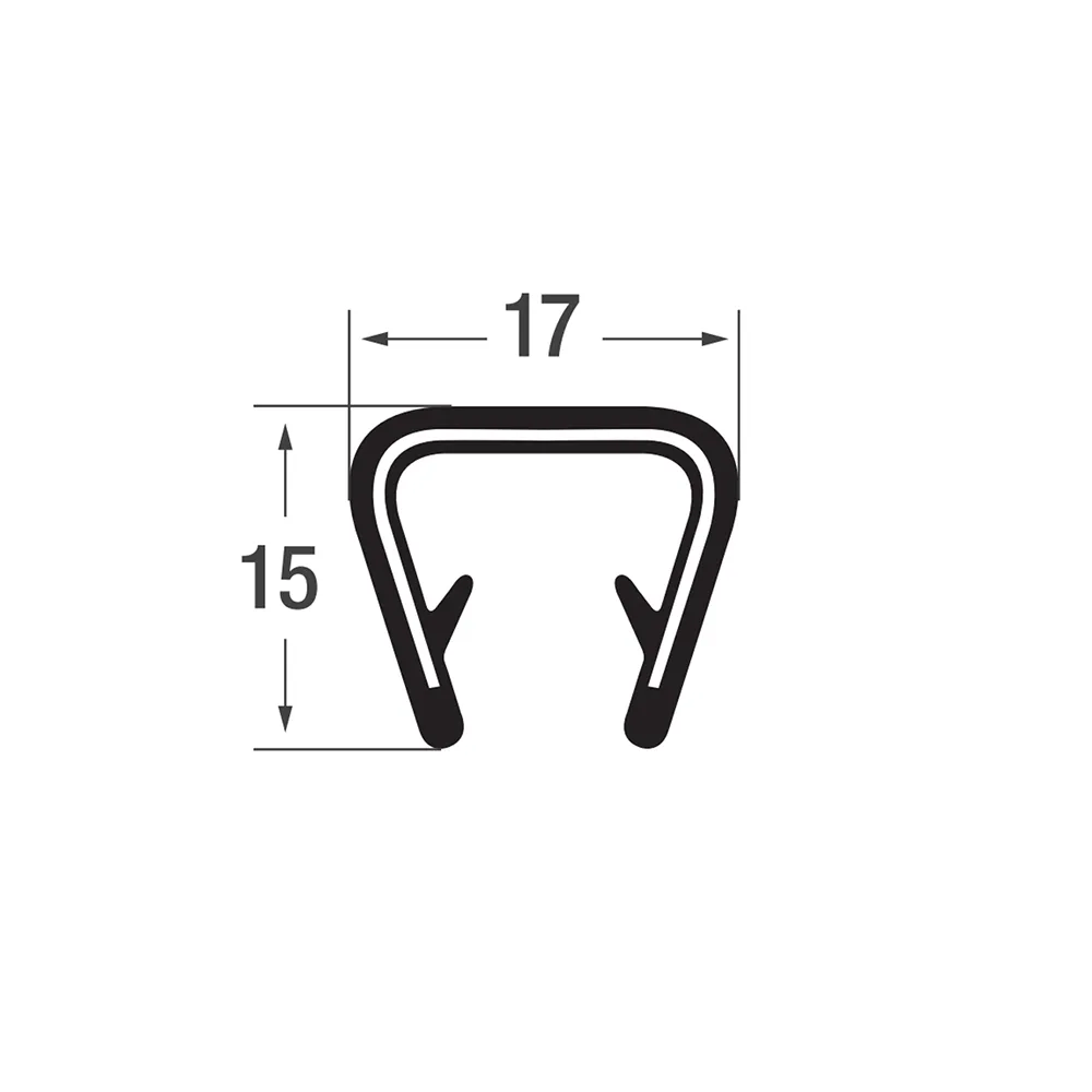 Perfil de borde de sujeción PVC-P 15x17mm - rango de sujeción 10.0-12.0mm - 100 metros (1 rollo) - Negro