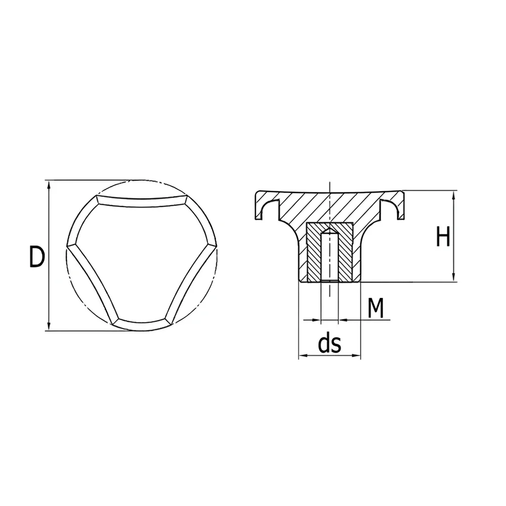 Plano acotado Pomo estrella triangular rosca interna baquelita - Ø35mm - M6