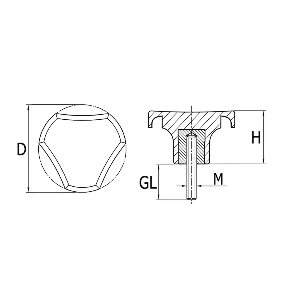Dibujo técnico: Pomo estrella triangular - baquelita PF - rosca macho