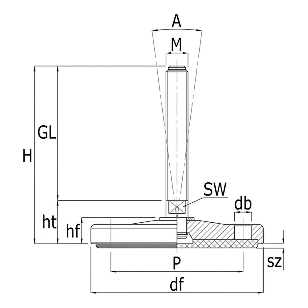 Dibujo técnico: Pie nivelador inox - base maciza con orificios de fijación - 15° - Hygienic Style