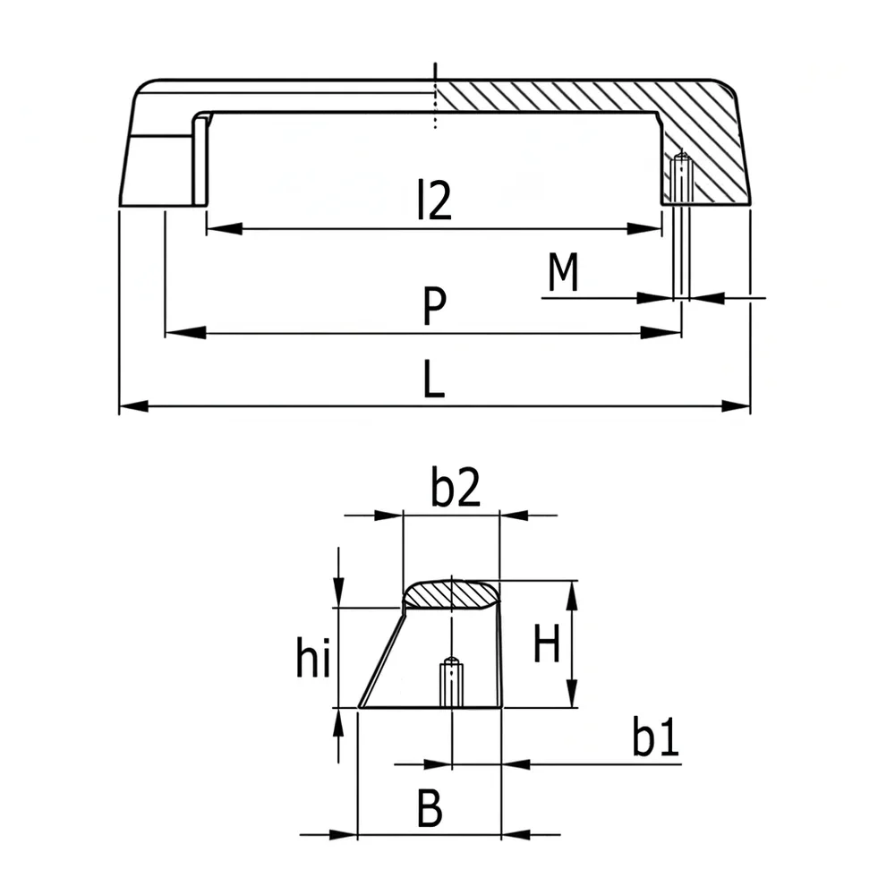 Plano de dimensiones Asa de puente angular con base ampliada - baquelita - con casquillo roscado