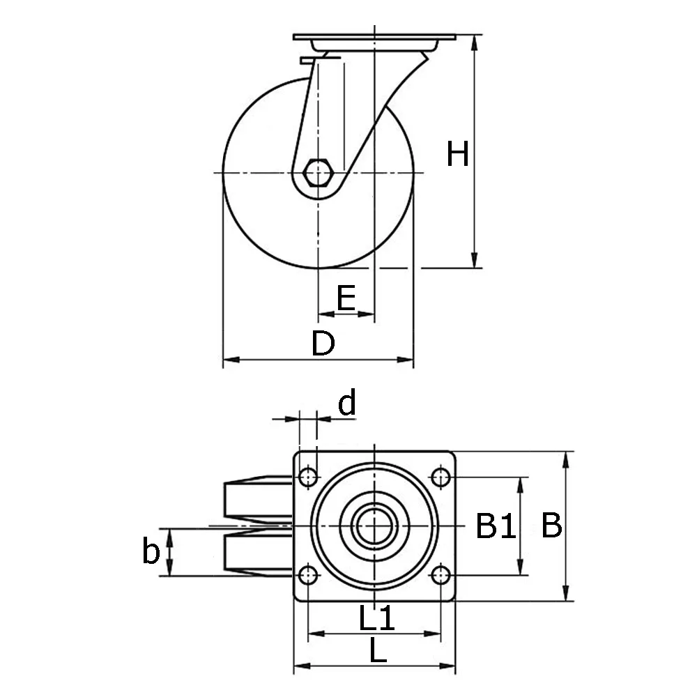 Dibujo técnico: Rueda giratoria doble de TPE - con platina - negra
