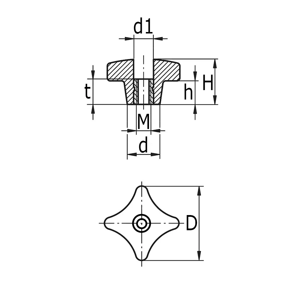 Dibujo técnico: Pomo cruz de baquelita – DIN 6335 – rosca hembra pasante
