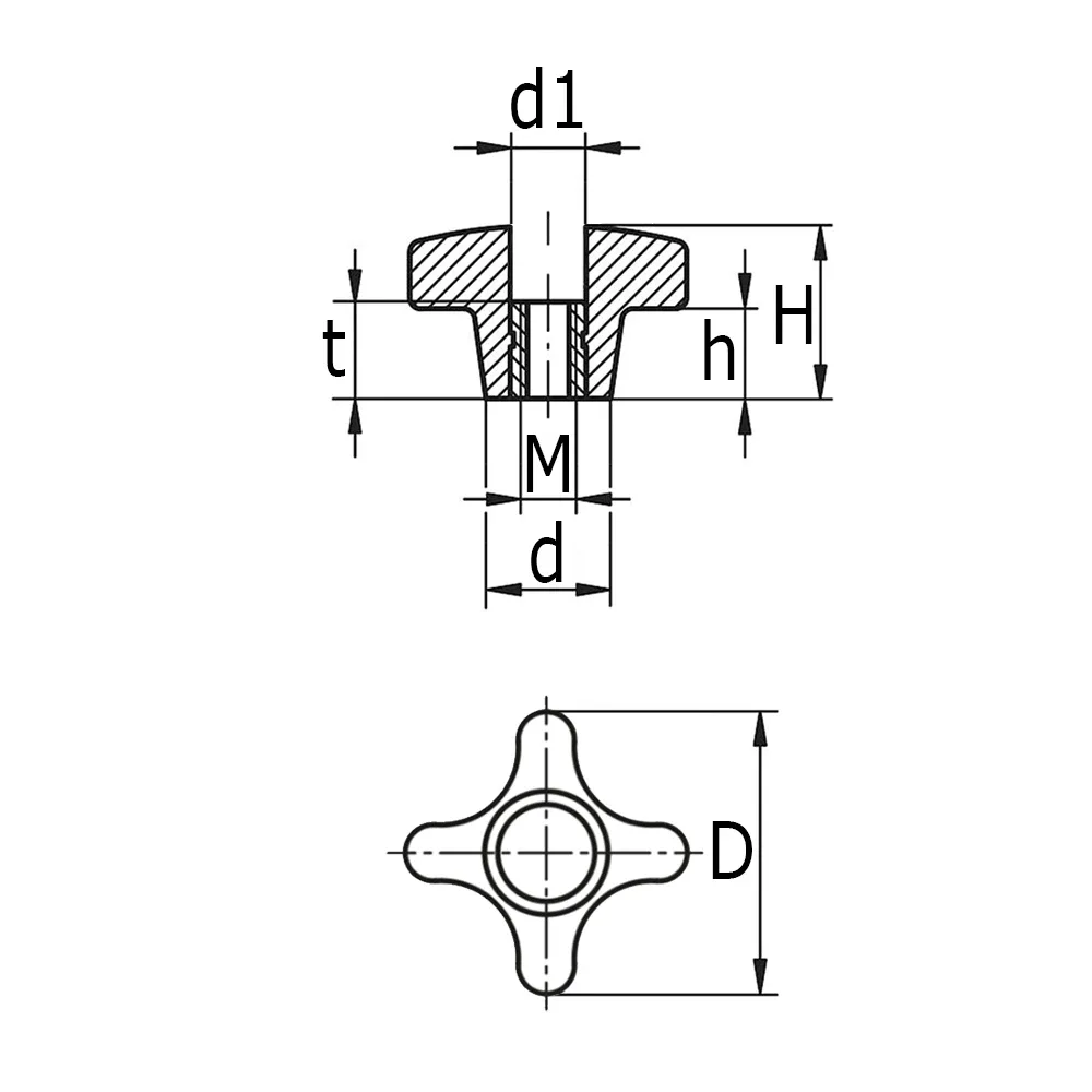 Dibujo técnico 1 – Pomo cruz baquelita Ø50 - casquillo roscado - M8 pasante - Negro